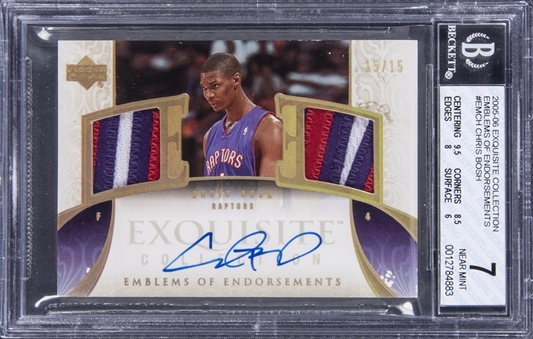 2005-06 UD "Exquisite Collection" Emblems of Endorsements #EMCH Chris Bosh Signed Game Used Patch Card (#15/15) – BGS NM 7/BGS 10